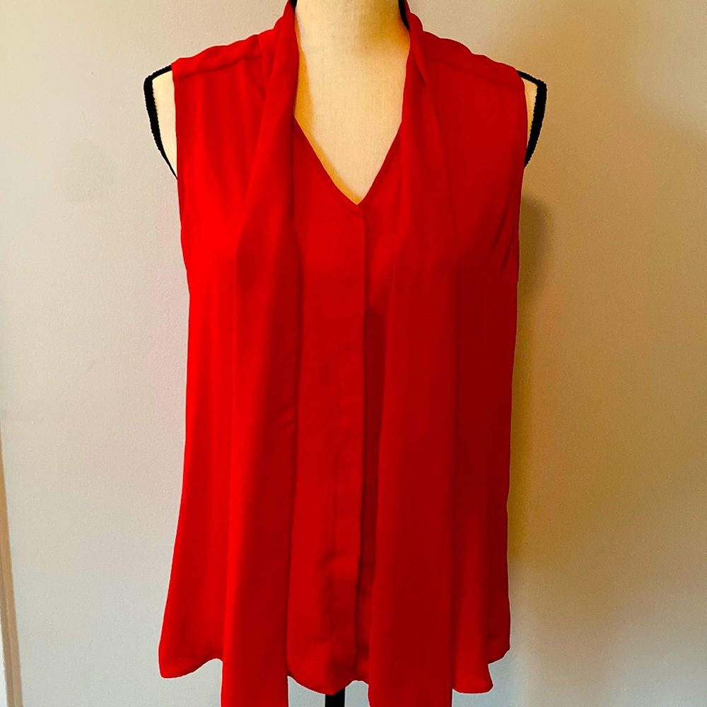 Red sleevless blouse, button down with front neck ties.